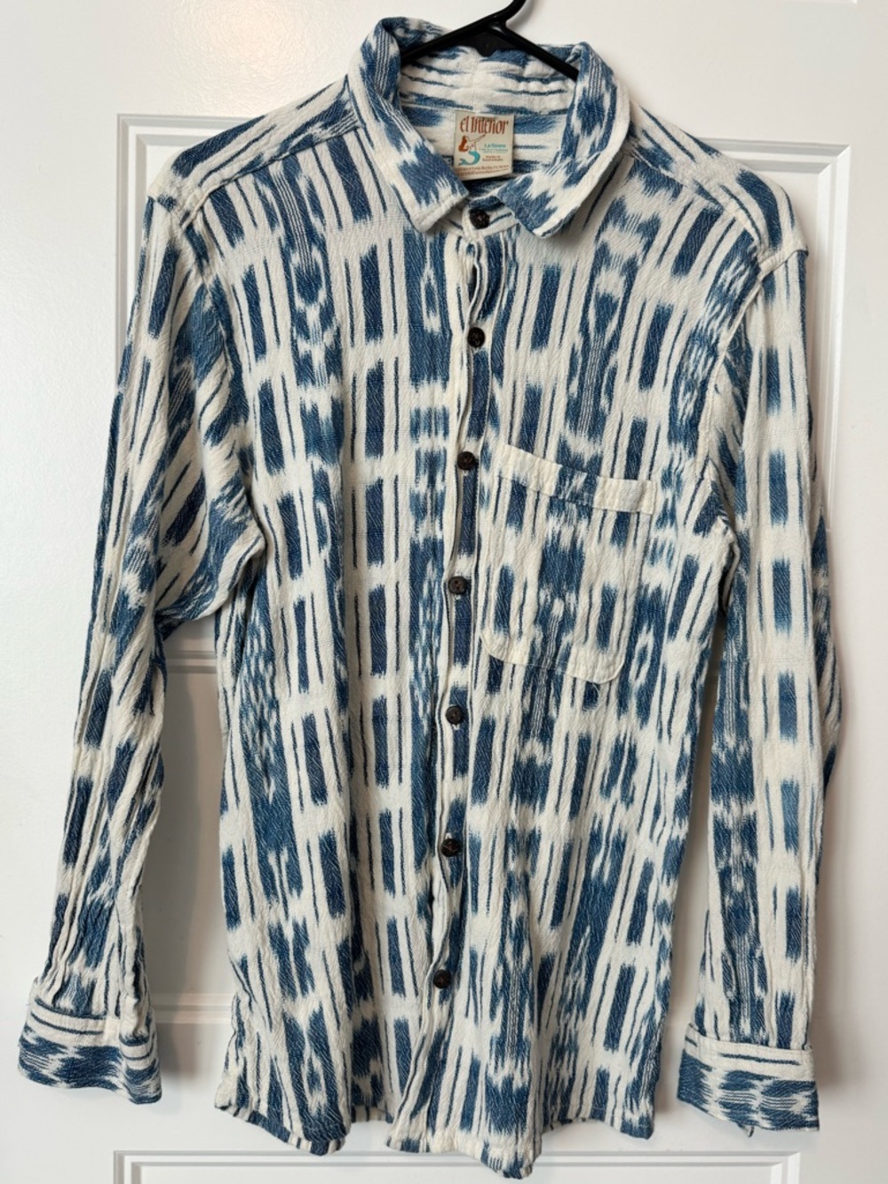 El Interior La Sirena Ikat Cotton Button Down Shirt Blue White Boho Medium